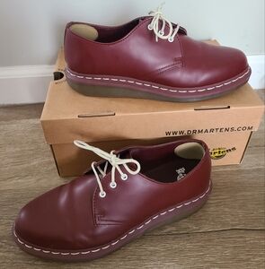 Dr Martens cherry red low top white stitching shoes Unisex 15098600
